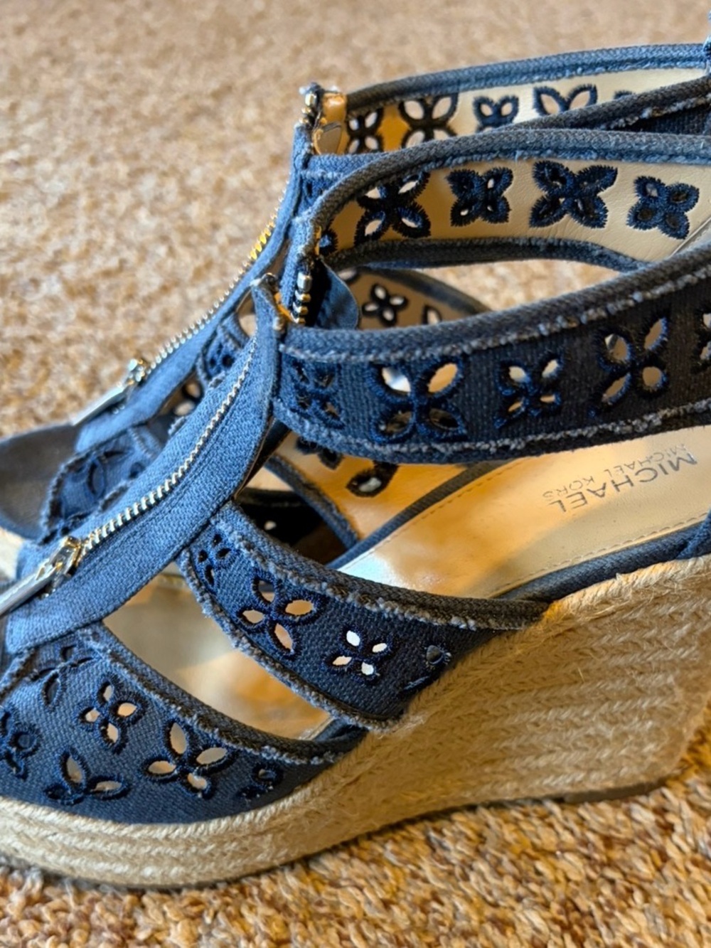 Michael Kors Navy Floral Cutout Espadrille Wedge Sandals